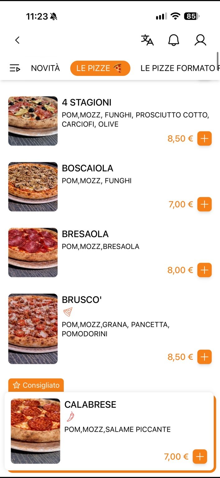 Anteprima del menù pizze nell'app Bruscò